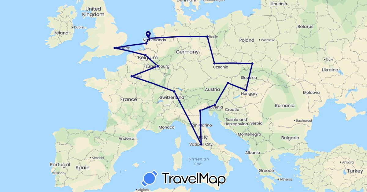 TravelMap itinerary: driving in Austria, Belgium, Switzerland, Czech Republic, Germany, United Kingdom, Hungary, Italy, Luxembourg, Netherlands, Poland, Slovenia (Europe)