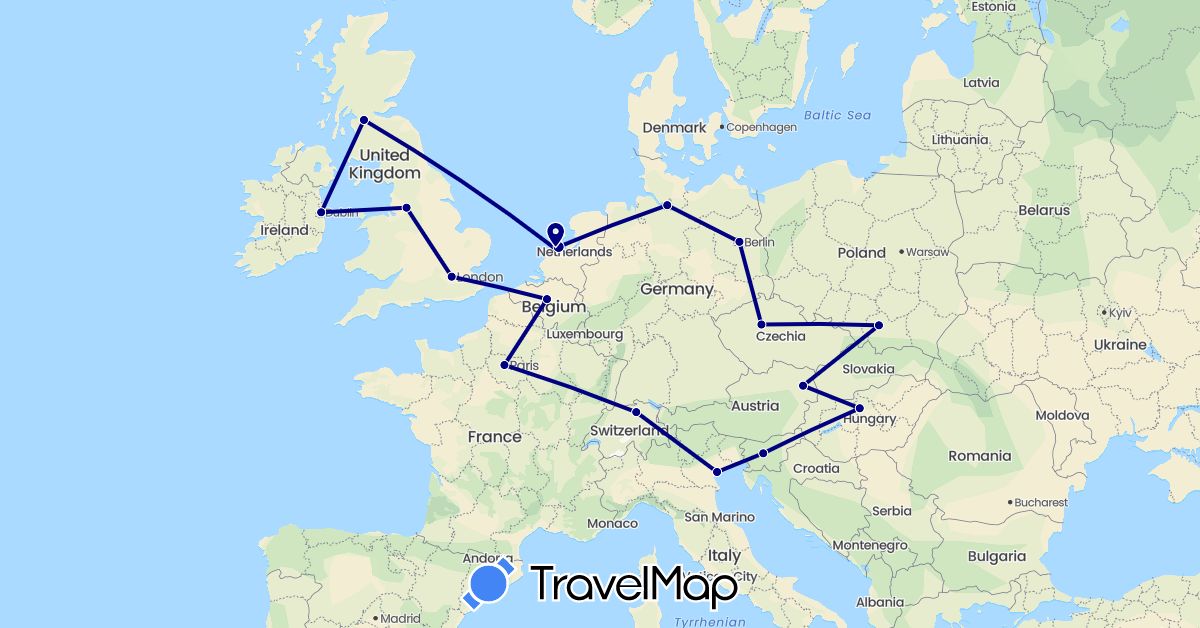 TravelMap itinerary: driving in Belgium, Switzerland, Czech Republic, Germany, France, United Kingdom, Hungary, Ireland, Italy, Netherlands, Poland (Europe)