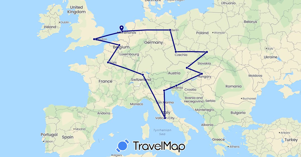 TravelMap itinerary: driving in Austria, Belgium, Switzerland, Czech Republic, Germany, France, Hungary, Italy, Netherlands, Poland, Slovenia (Europe)