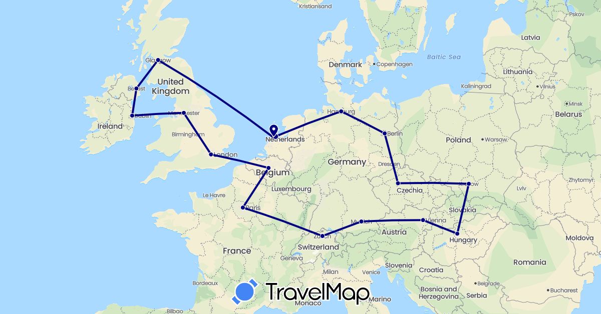 TravelMap itinerary: driving in Switzerland, Germany, France, United Kingdom, Hungary, Ireland, Netherlands (Europe)